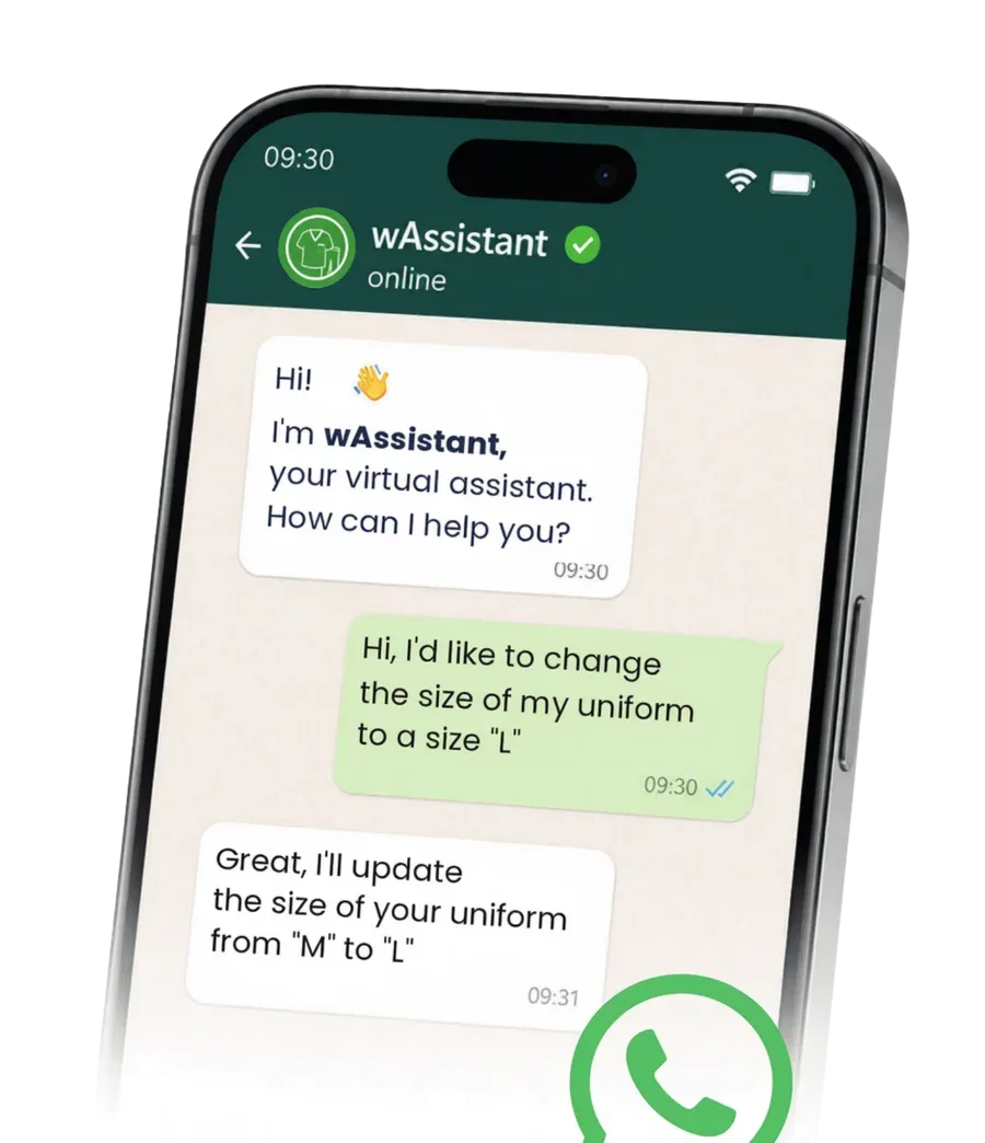 Uniform management on WhatsApp: an operator asks wAssistant to change uniform size from M to L