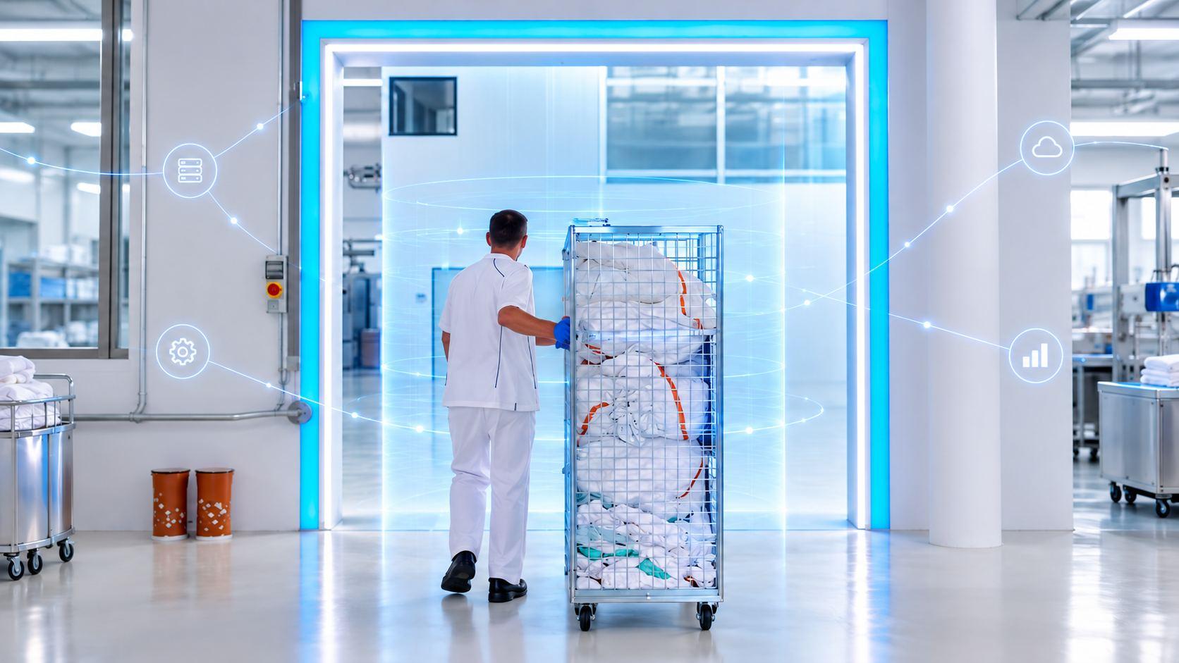 ZCS RFID gate reading a trolley of garments: every passage tracked end to end for the Digital Product Passport